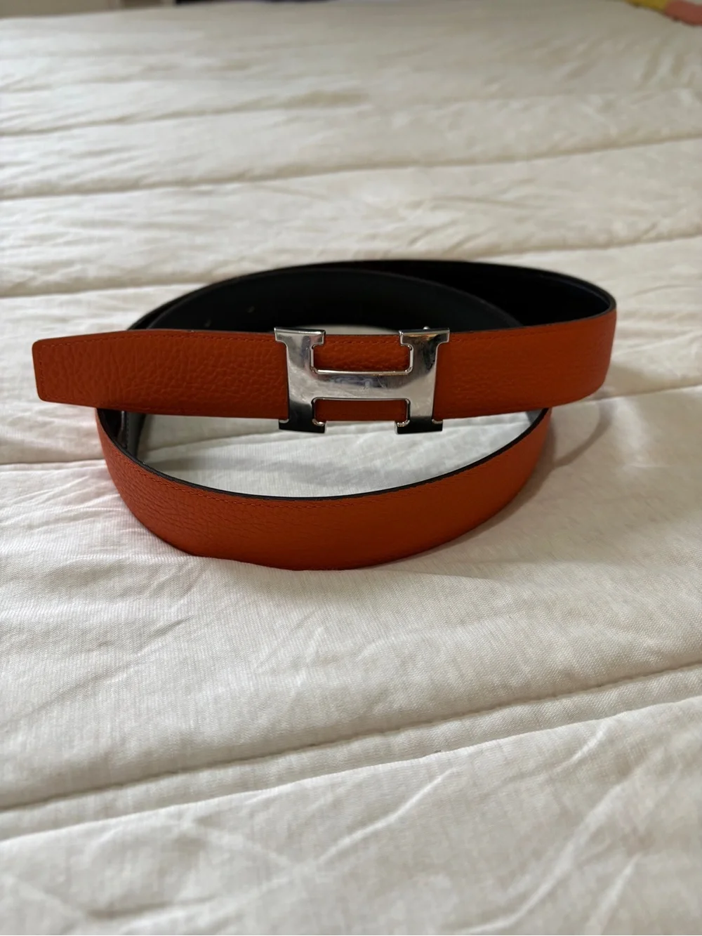 Hermes Orange Leather Belt with Silver H Buckle